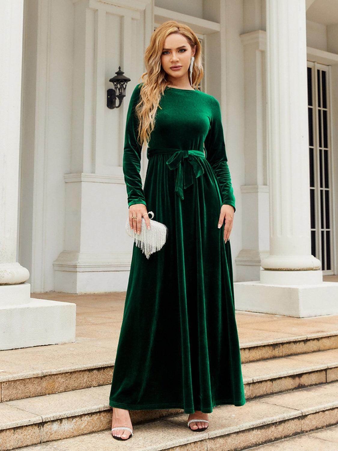 Tie Front Round Neck Long Sleeve Maxi Dress for Women - Selvanelle
