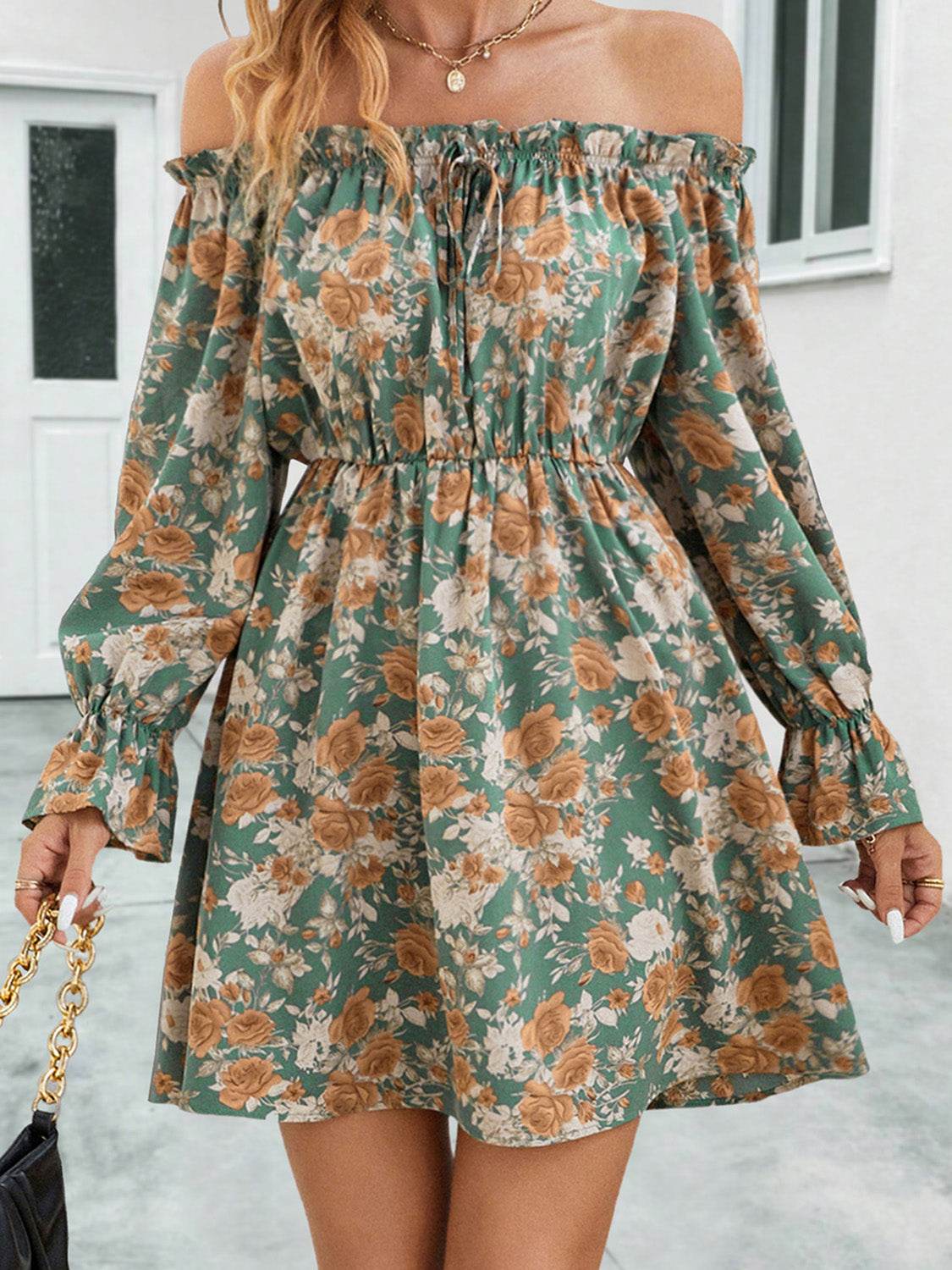 Floral Off-Shoulder Flounce Sleeve Dress - Selvanelle