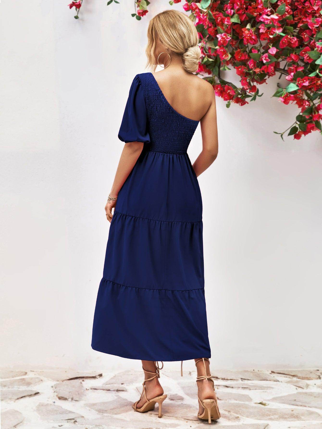 Chic Smocked One-Shoulder Midi Dress for Elegant Style - Selvanelle