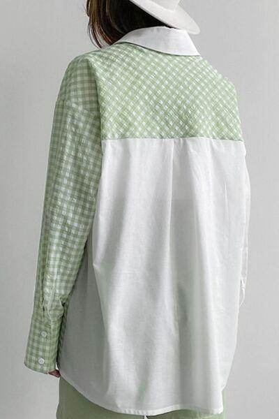 Two-Tone Plaid Button Down Long Sleeve Shirt for Women - Selvanelle