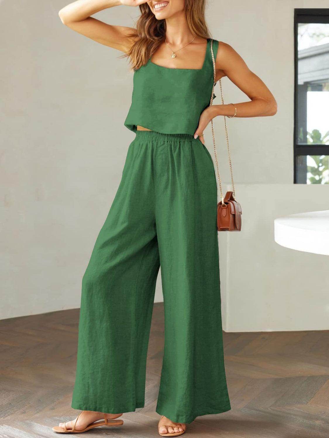 Square Neck Top and Wide Leg Pants Set for Women - Selvanelle