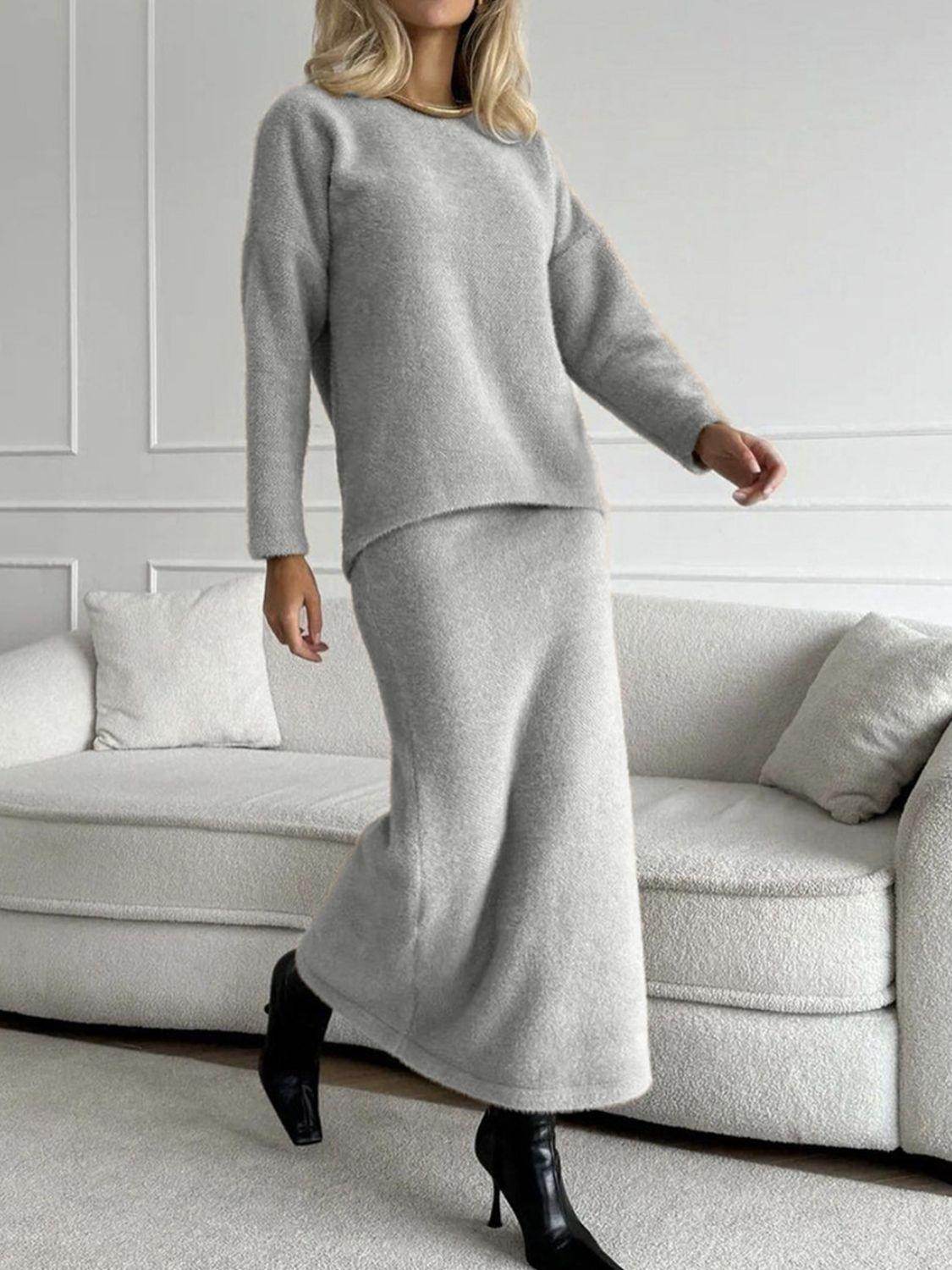 Round Neck Dropped Shoulder Top and Midi Skirt Sweater Set - Selvanelle