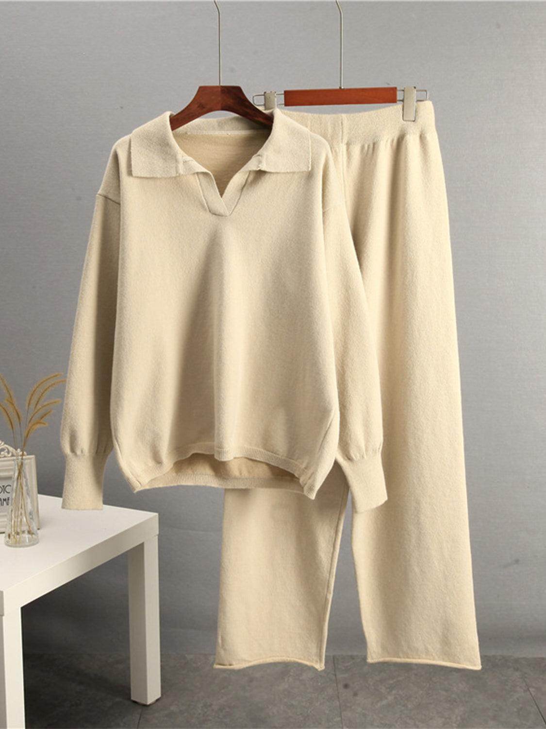 Johnny Collar Long Sleeve Top and Pants Sweater Set Women - Selvanelle