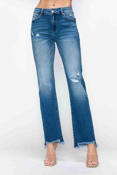 Bytos Full Size Raw Hem Distressed Mid Rise Straight Jeans - Selvanelle