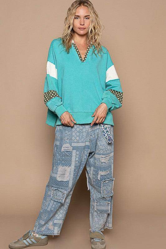 POL Exposed Seam Floral Patchwork French Terry Hoodie for Women - Selvanelle