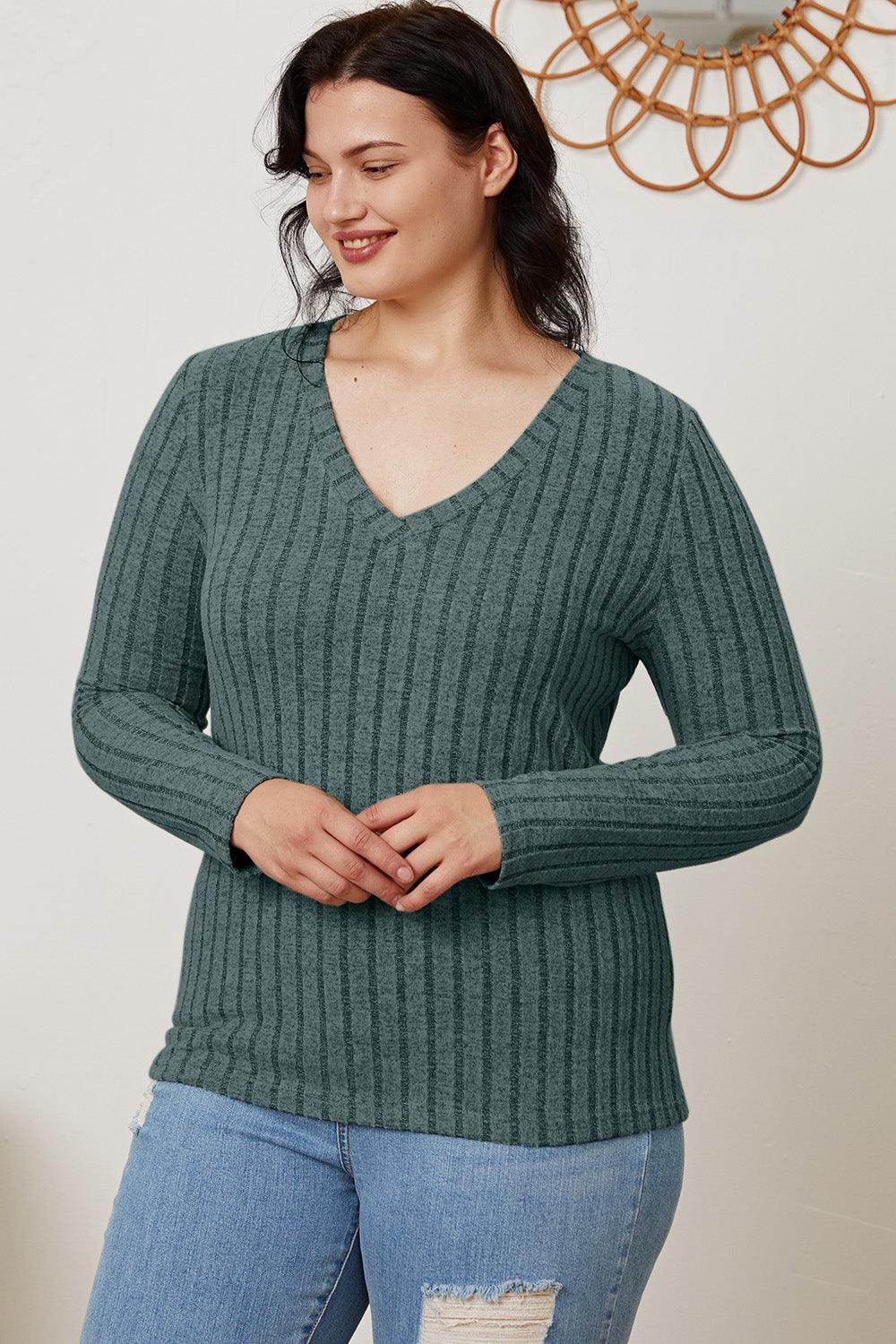 Basic Bae Full Size Ribbed V-Neck Long Sleeve T-Shirt - Selvanelle