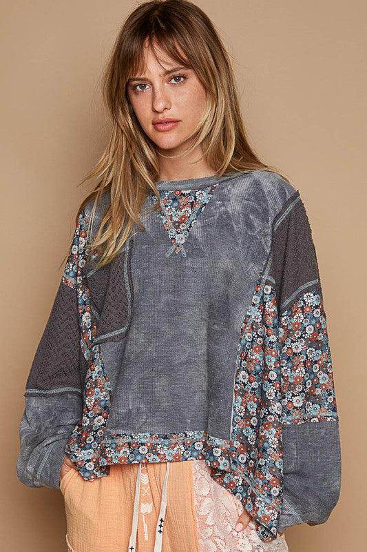 POL Floral Patchwork Round Neck Knit Top for Stylish Looks - Selvanelle