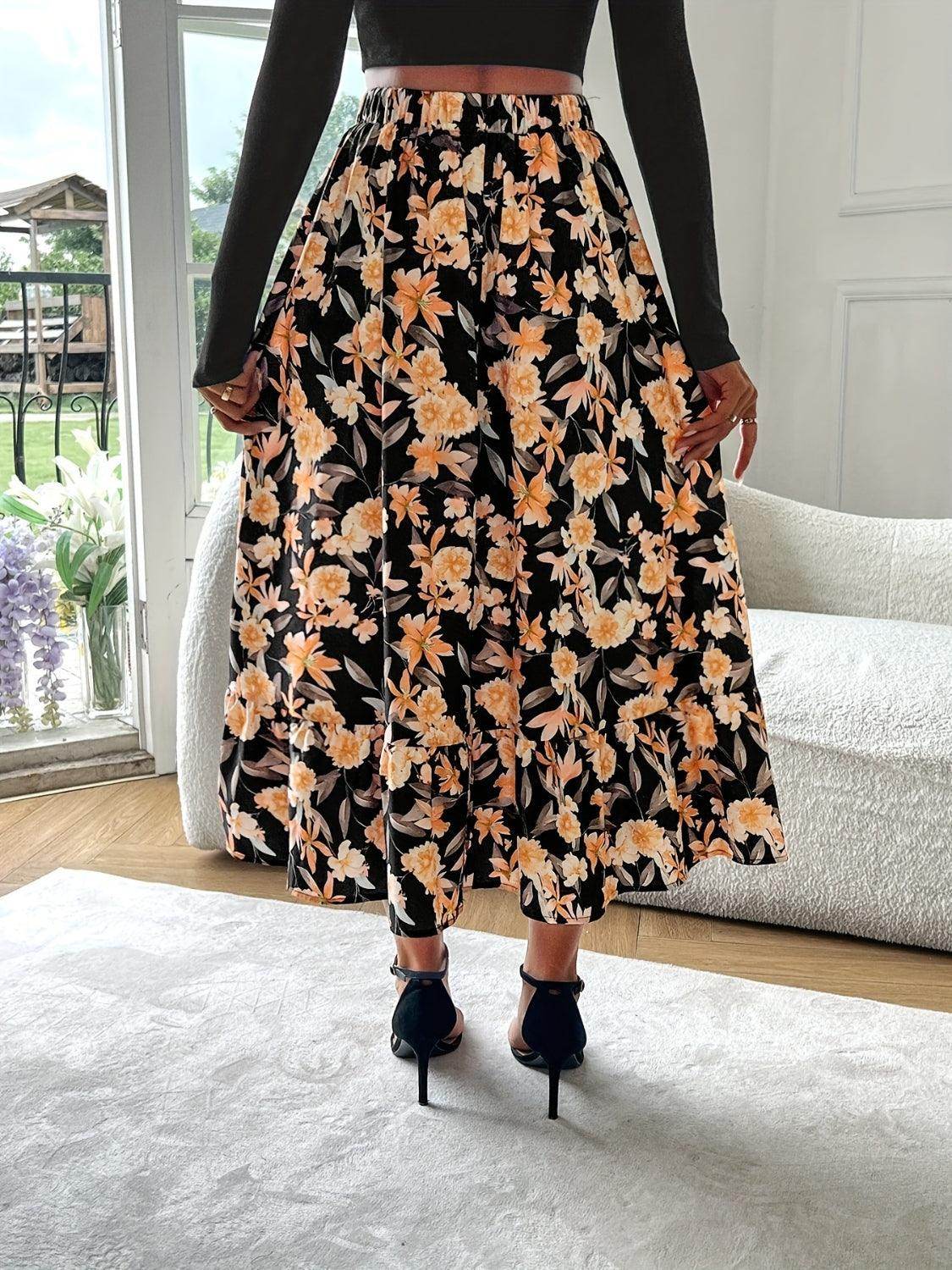 Floral Elastic Waist Midi Skirt for Effortless Style - Selvanelle