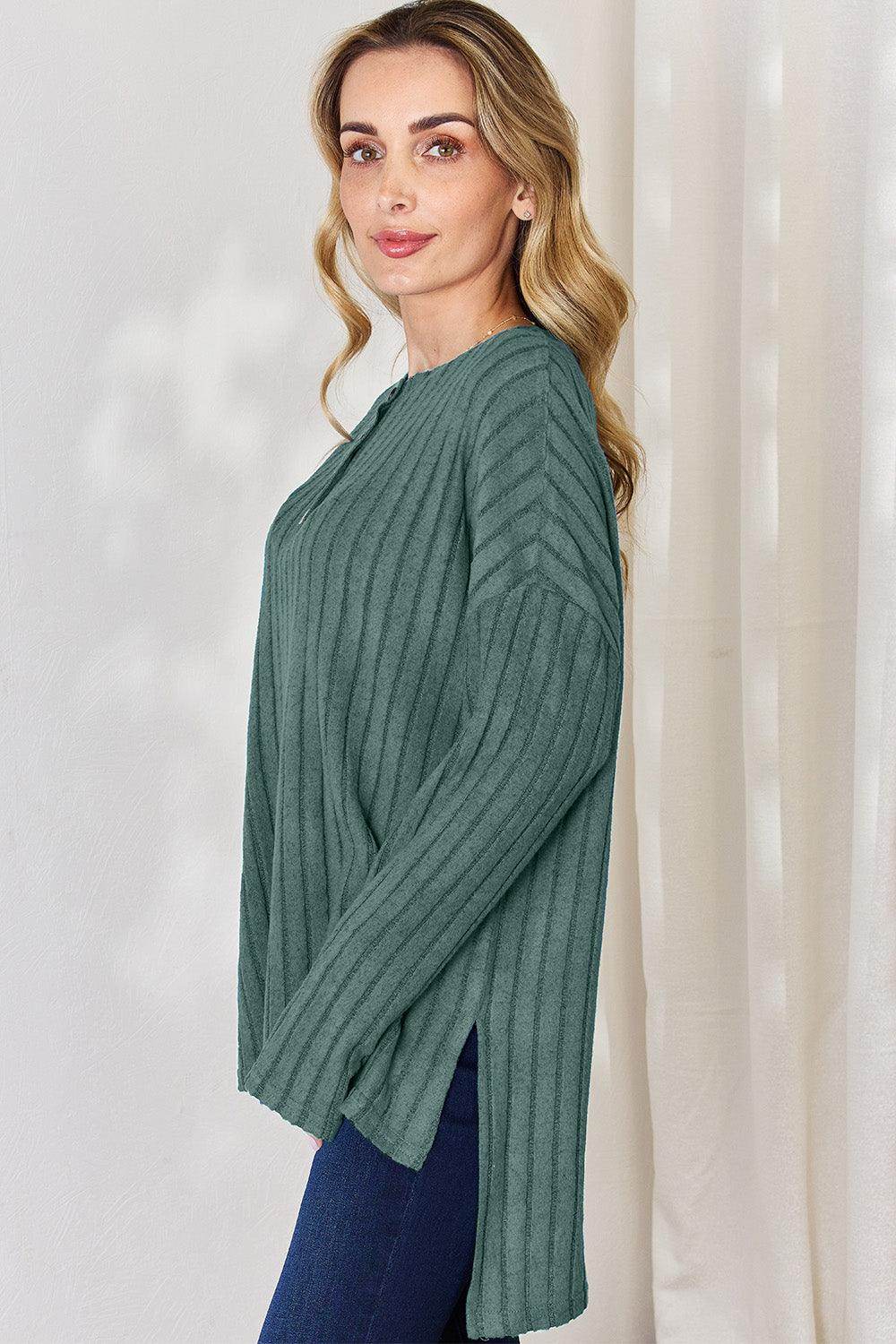 Basic Bae Full Size Ribbed Half Button Long Sleeve T-Shirt - Selvanelle