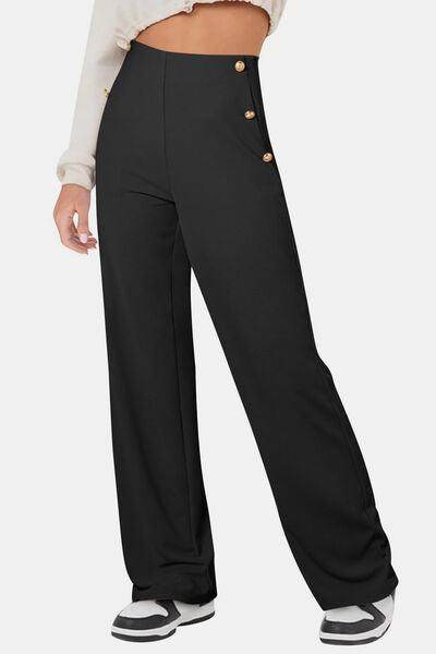 Decorative Button High Rise Pants for Stylish Comfort - Selvanelle