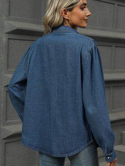 Button Down Collared Neck Long Sleeve Denim Top for Women - Selvanelle
