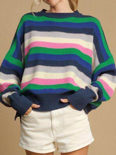 Contrast Striped Round Neck Long Sleeve Sweater for Women - Selvanelle
