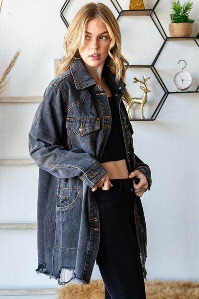 Veveret Button Up Distressed Frayed Hem Denim Jacket for Women - Selvanelle