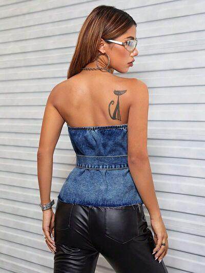 Buttoned Raw Hem Tube Denim Top for Stylish Comfort - Selvanelle