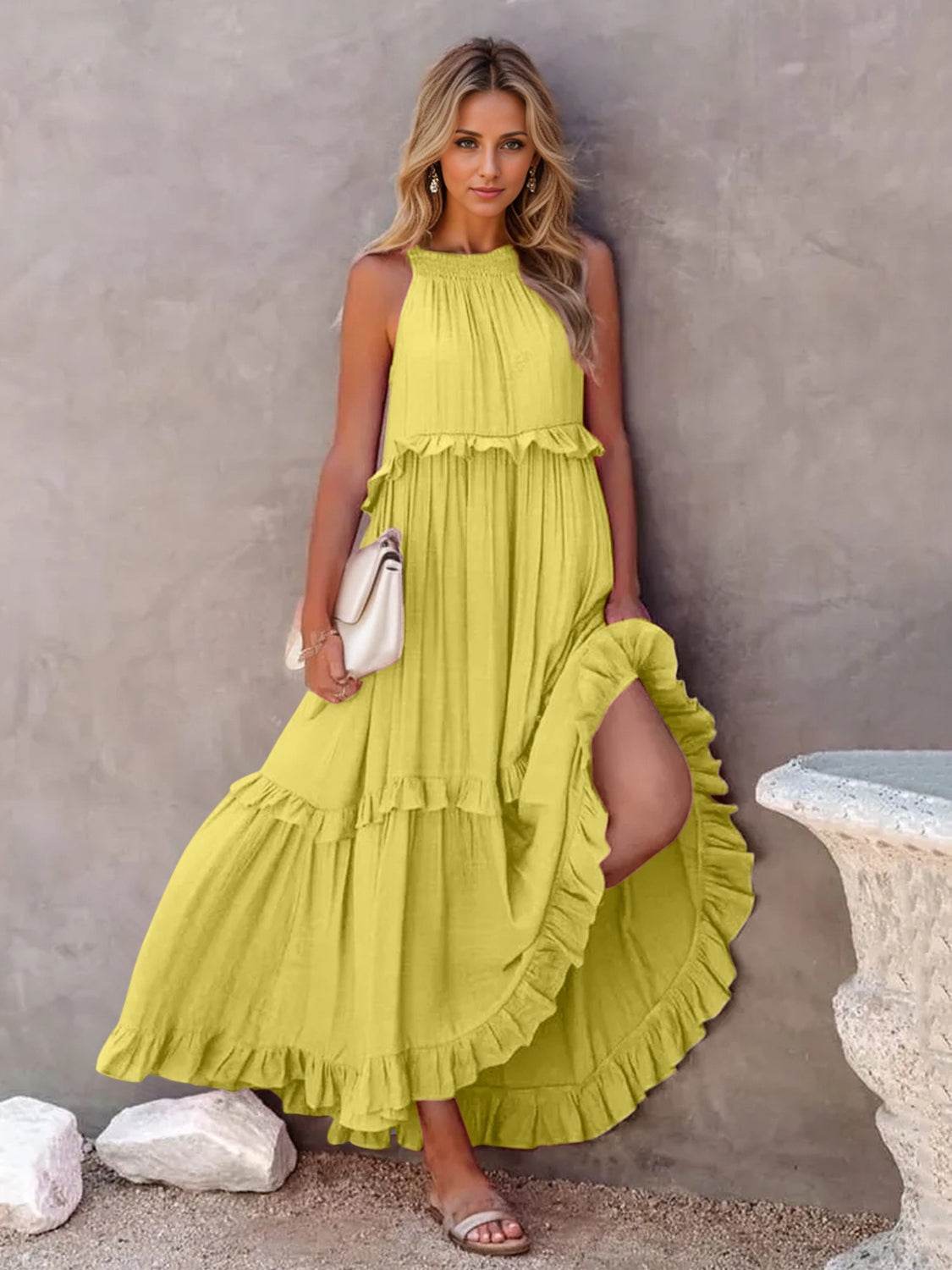 Ruffled Sleeveless Tiered Maxi Dress with Pockets - Selvanelle