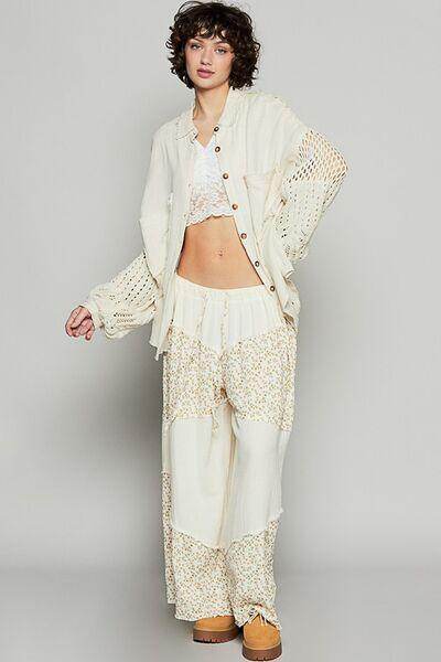 POL Openwork Lantern Sleeve Button Down Gauze Shirt Women - Selvanelle