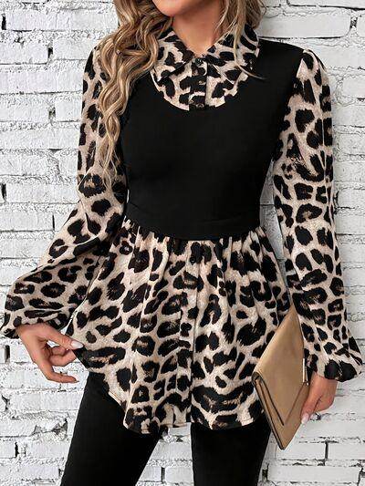Leopard Collared Neck Balloon Sleeve Blouse for Women - Selvanelle