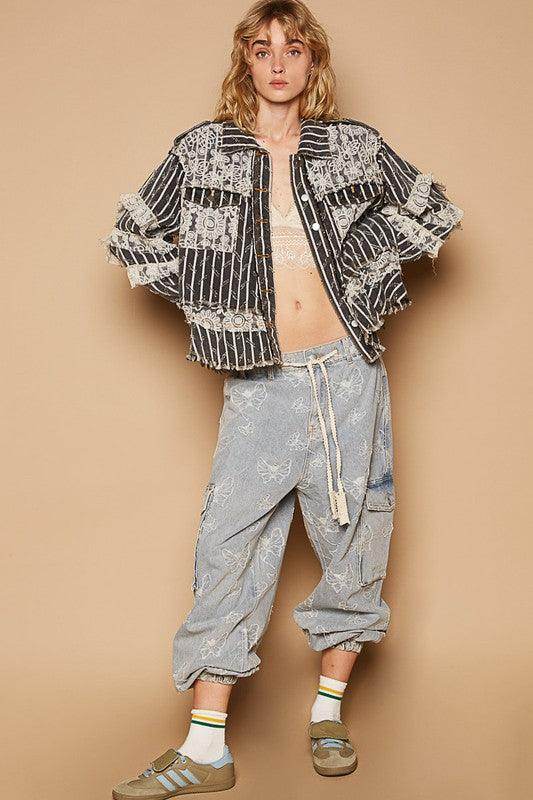 POL Raw Hem Lace Patch Flounce Sleeve Jacket for Women - Selvanelle