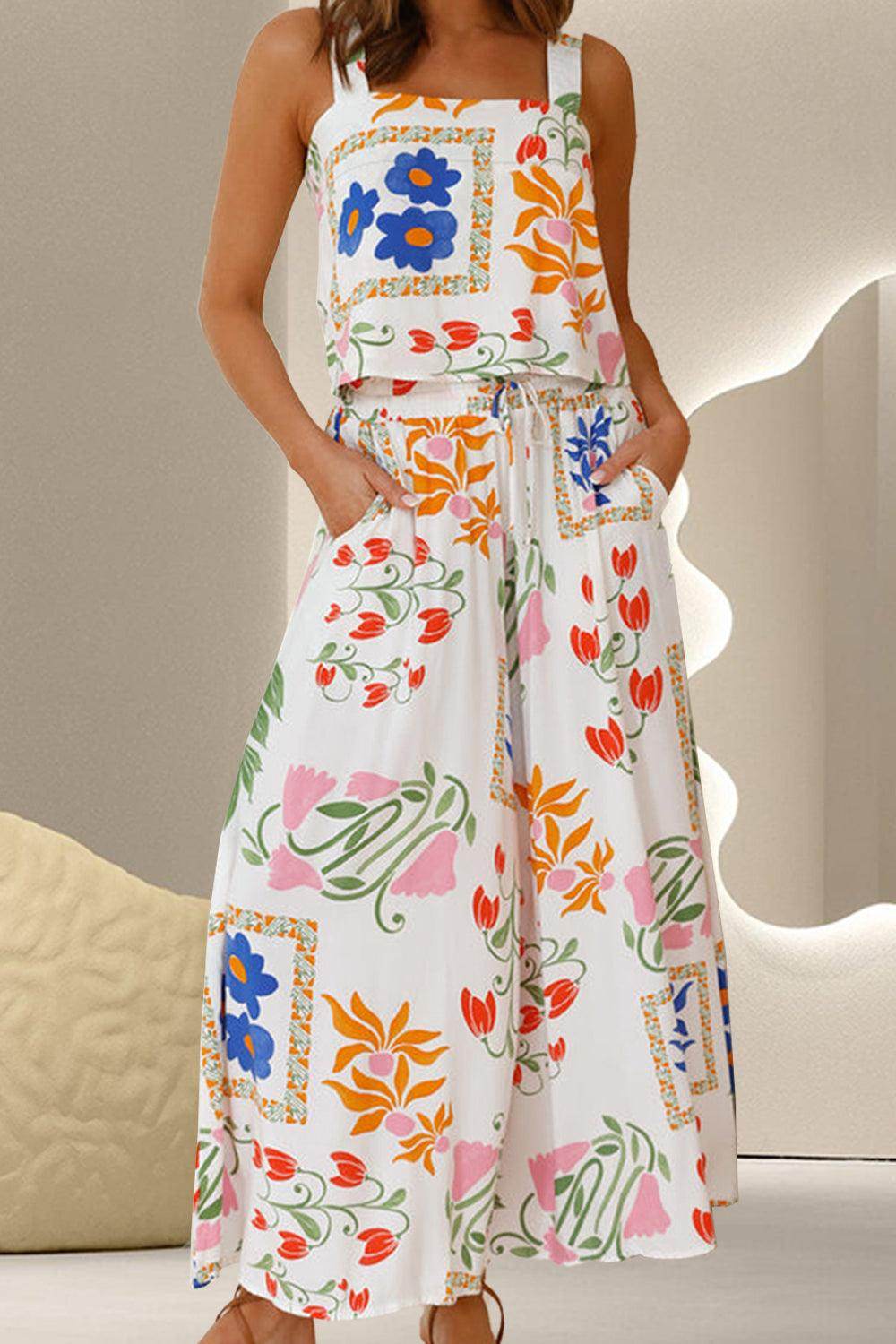 Stylish Printed Square Neck Top and Pants Set for Women - Selvanelle