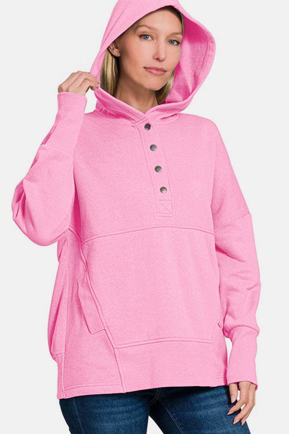 Zenana Half Snap Long Sleeve Hoodie with Kangaroo Pocket - Selvanelle