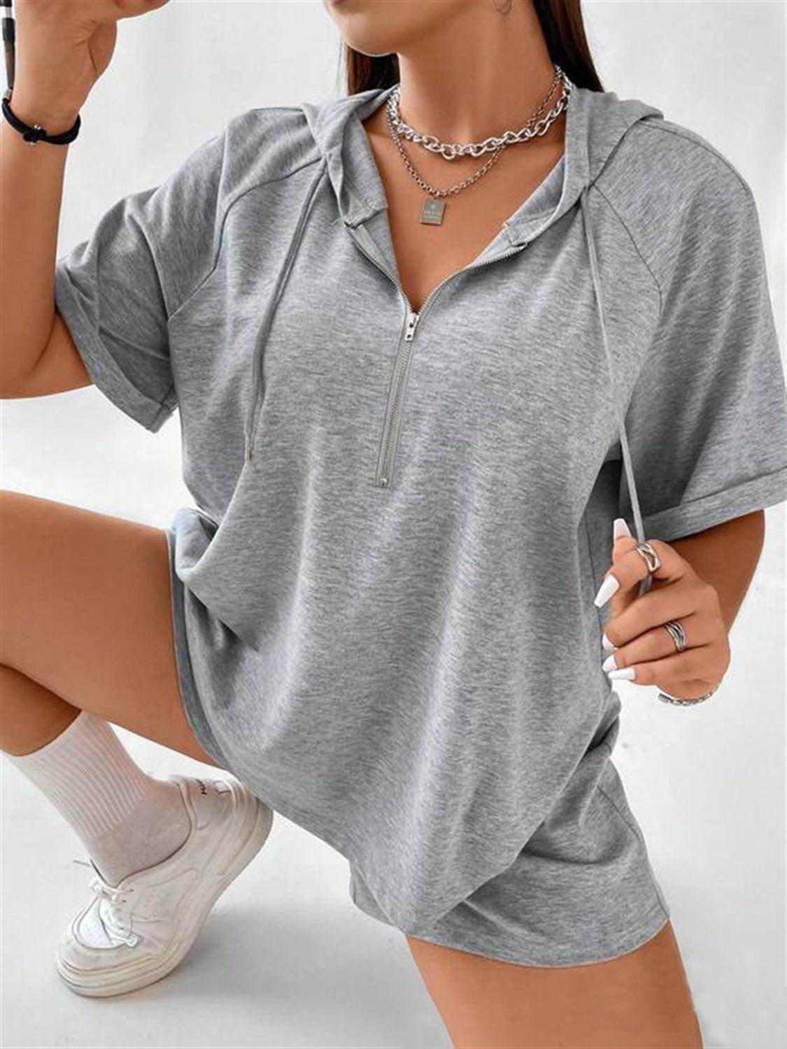 Full Size Drawstring Half Zip Hooded Top and Shorts Set Plus Size - Selvanelle