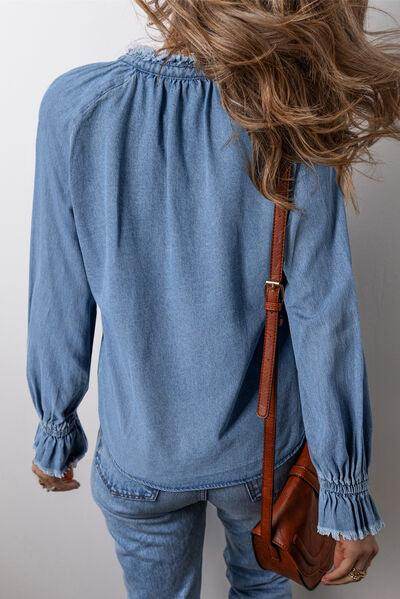 Half Button Long Sleeve Denim Top for Casual Style - Selvanelle