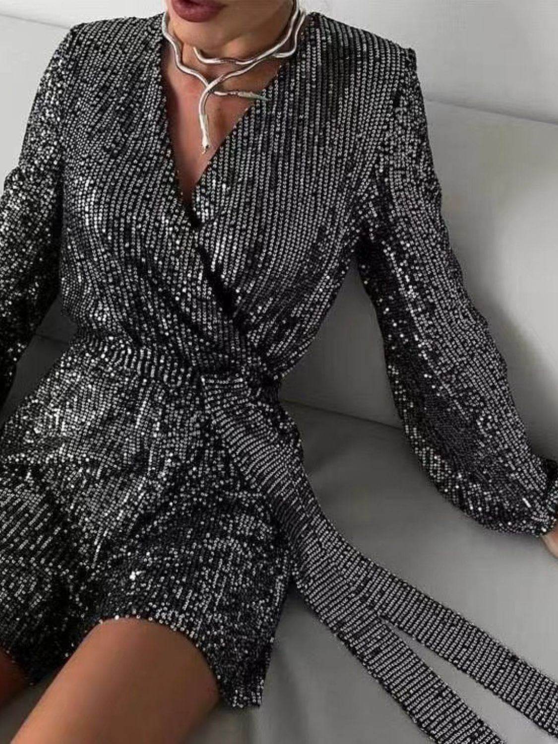 Full Size Sequin Surplice Tie Waist Long Sleeve Romper - Selvanelle