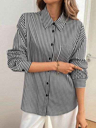 Cutout Bow Back Striped Collared Neck Long Sleeve Shirt - Selvanelle