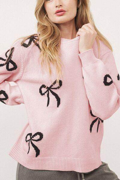 Bow Pattern Round Neck Loose Fit Sweater for Women - Selvanelle