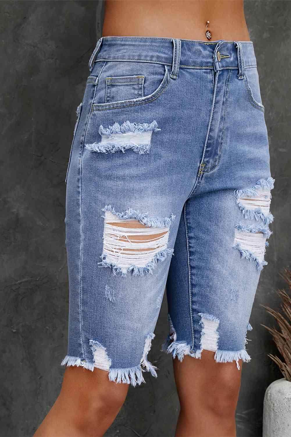 Distressed Frayed Hem Denim Bermuda Shorts for Women - Selvanelle