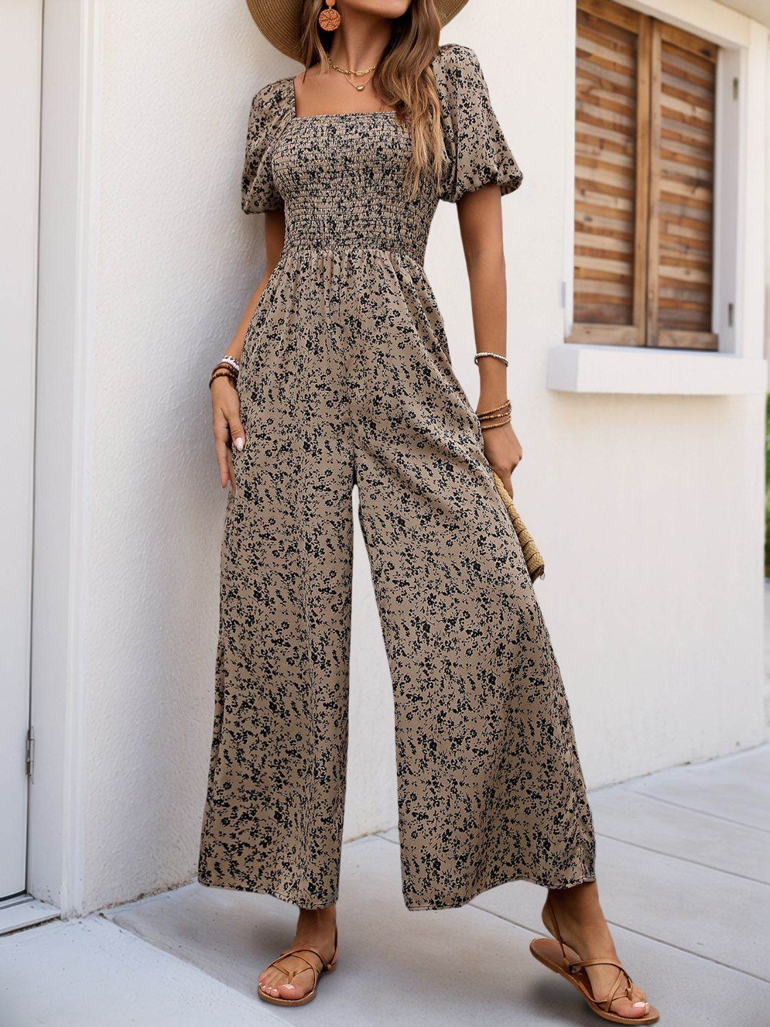 Perfee Smocked Printed Square Neck Puff Sleeve Jumpsuit - Selvanelle