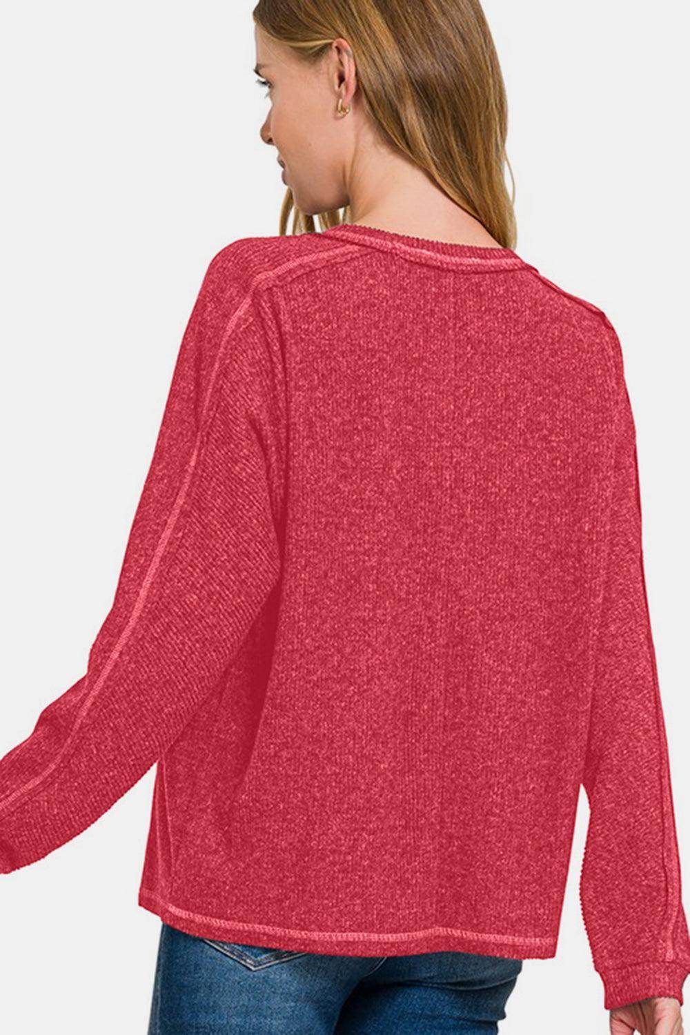Zenana Full Size Contrast Stitching Brushed Ribbed Hacci Knit Top - Selvanelle