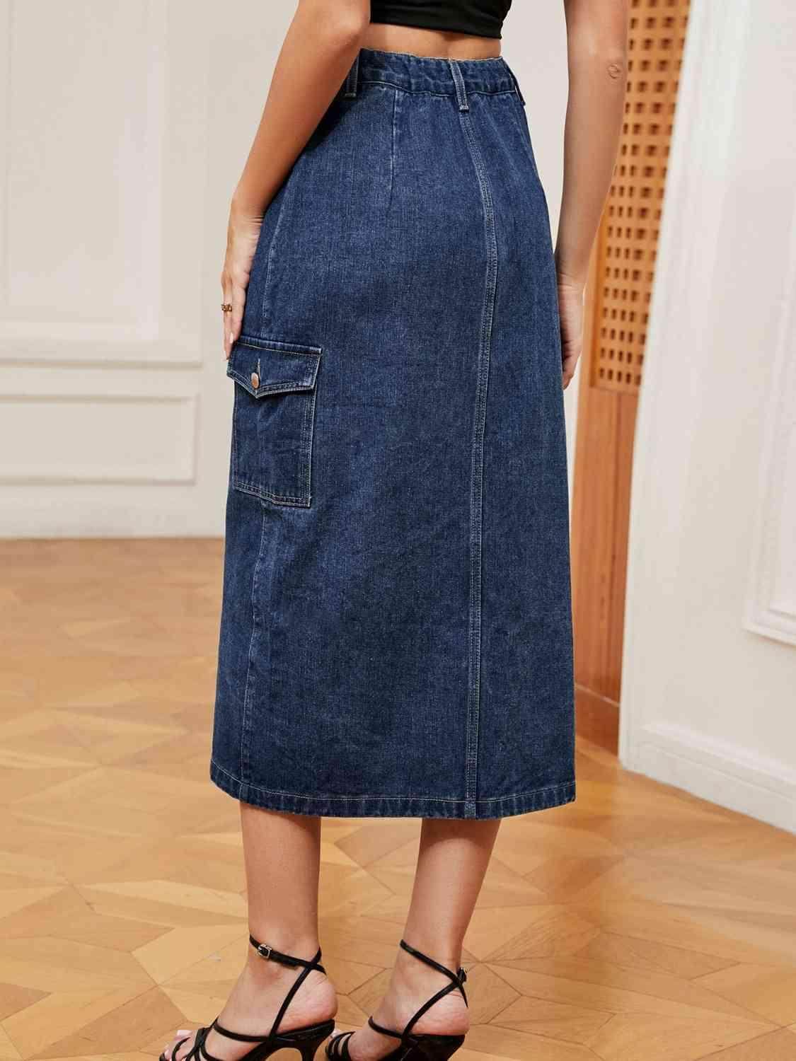 Button Down Midi Denim Skirt with Pockets and Button Detail - Selvanelle