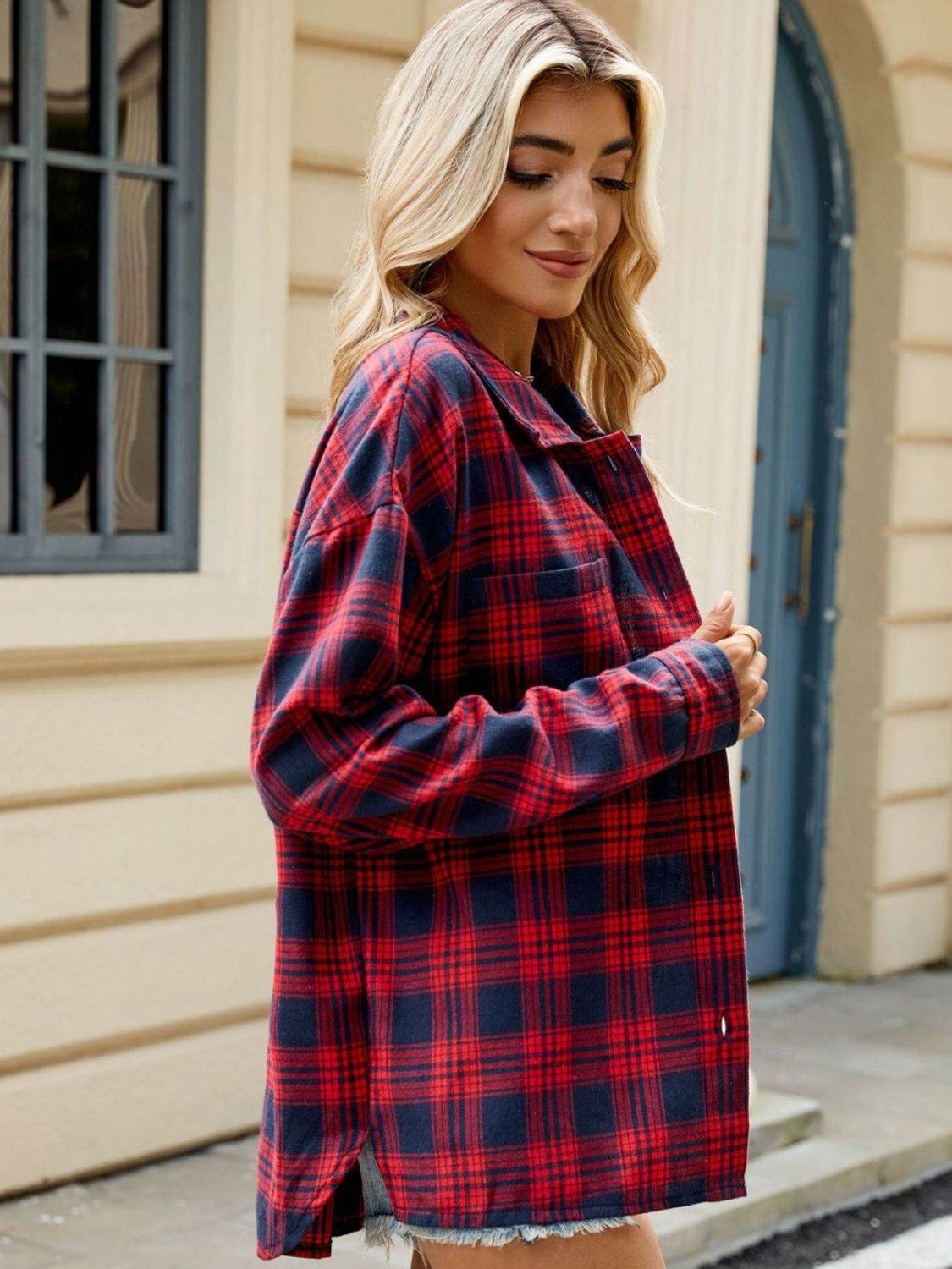Plaid Collared Neck Long Sleeve Shirt - Selvanelle