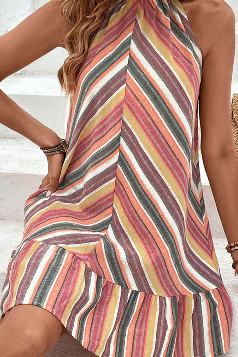 Perfee Striped Round Neck Sleeveless Mini Dress for Women - Selvanelle