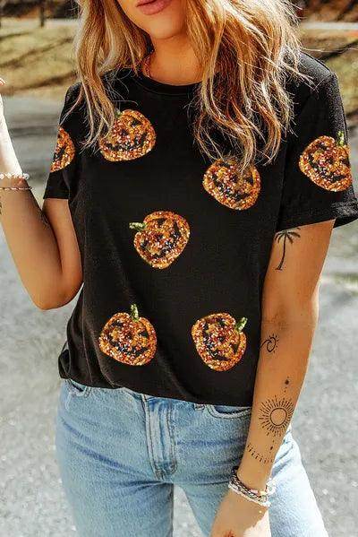 Sequin Pumpkin Round Neck Short Sleeve T-Shirt for Women - Selvanelle