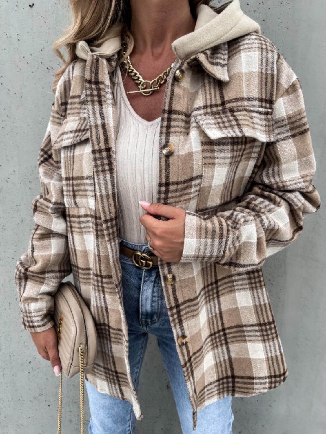 Plaid Dropped Shoulder Hooded Jacket for Casual Style - Selvanelle