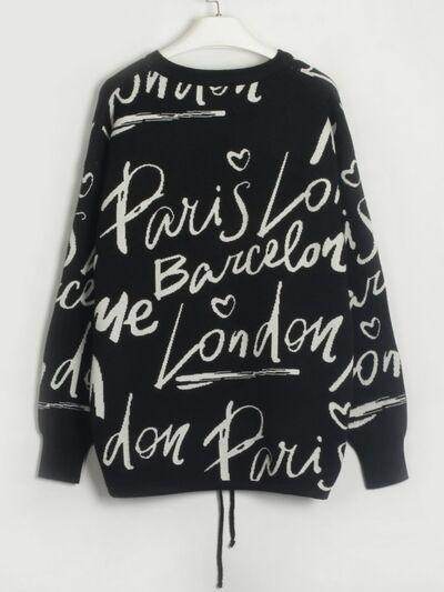 Drawstring Hem Letter Pattern Round Neck Dropped Shoulder Sweater - Selvanelle