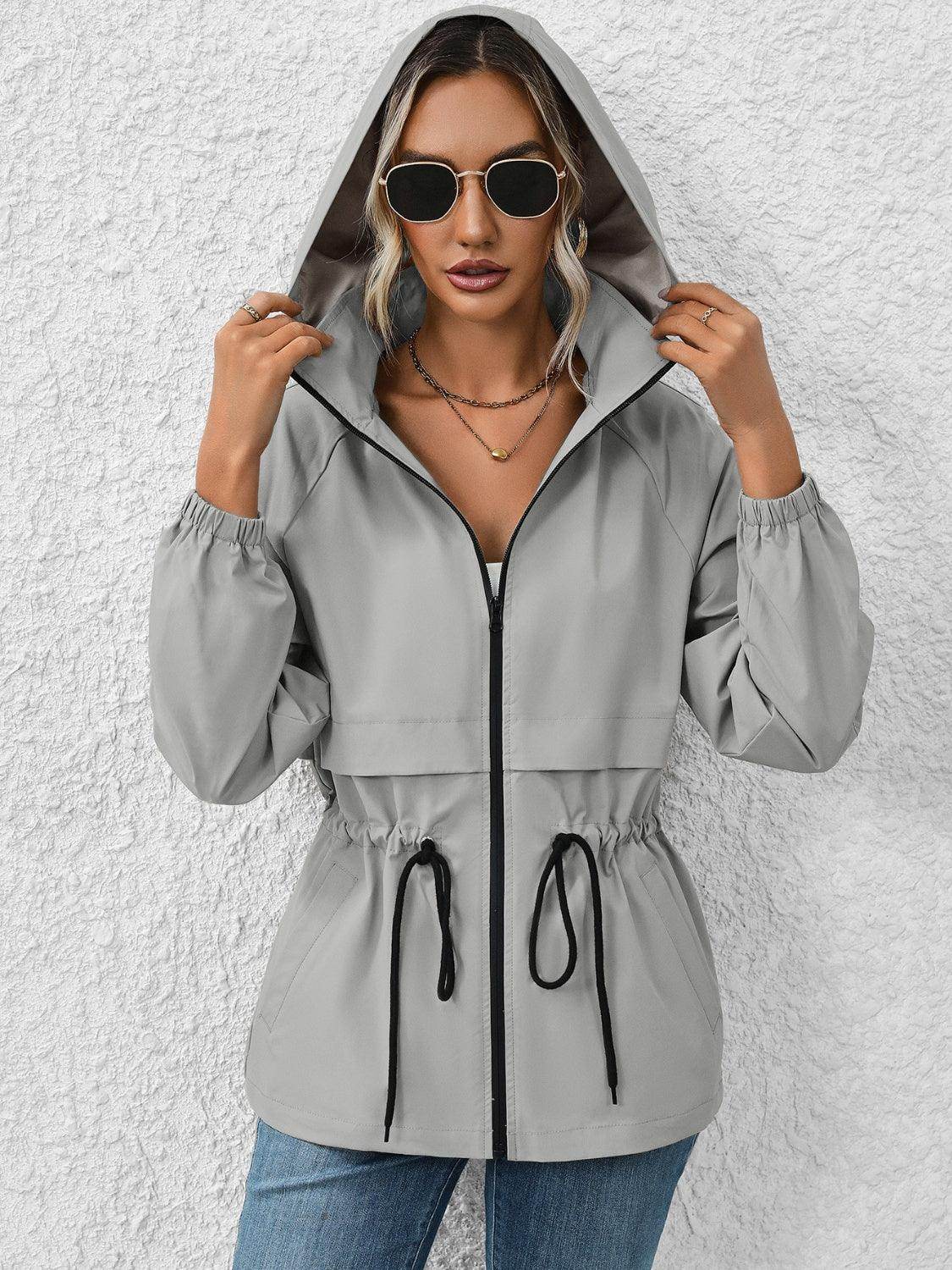 Ivy Lane Drawstring Zip Up Hooded Jacket for Women - Selvanelle
