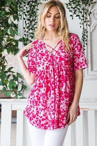 Heimish Full Size Short Sleeve Crisscross Animal Babydoll Top Plus Size - Selvanelle