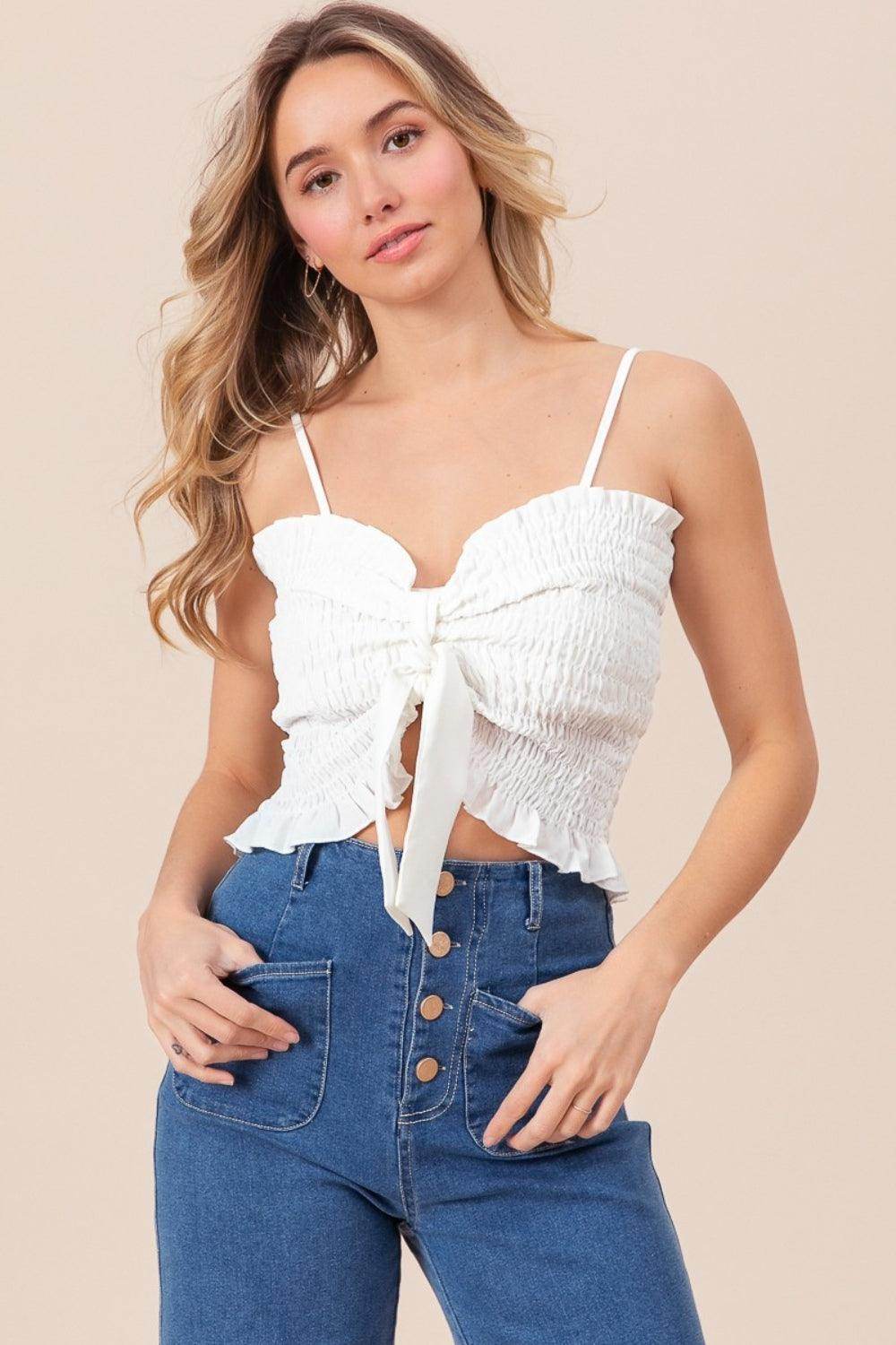 BiBi Ruffled Smocked Ribbon Detail Cami for Women - Selvanelle