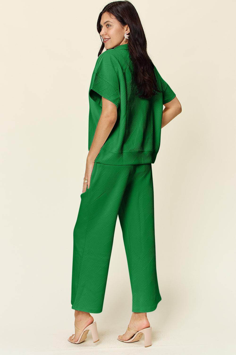 Double Take Full Size Texture Half Zip Short Sleeve Top Set - Selvanelle
