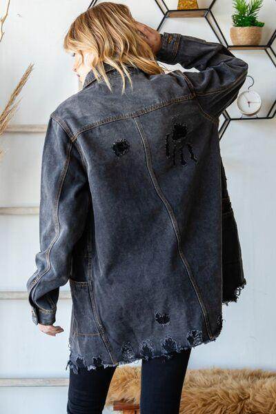 Veveret Button Up Distressed Frayed Hem Denim Jacket for Women - Selvanelle