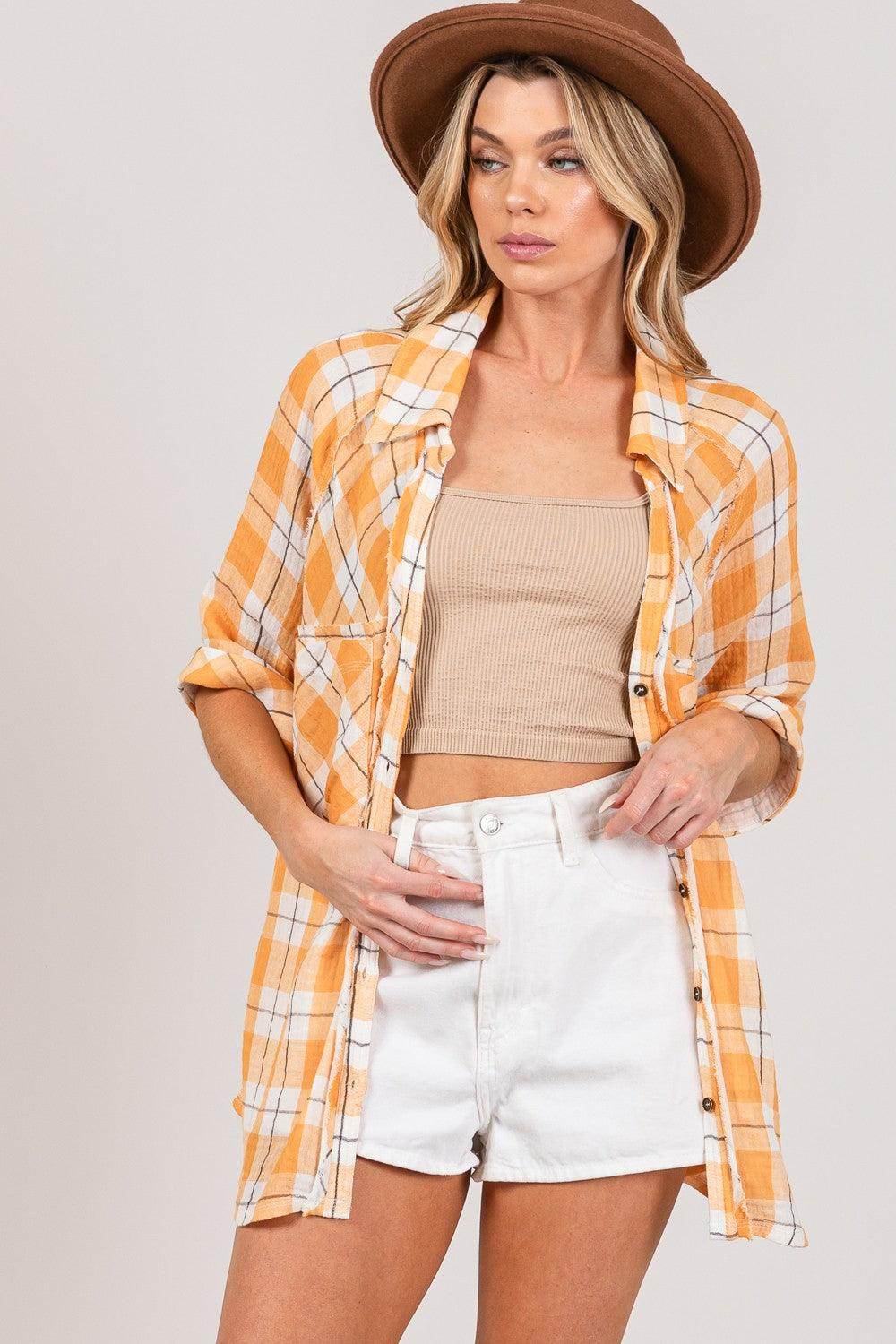 SAGE + FIG Plaid Button Up Side Slit Shirt for Women - Selvanelle