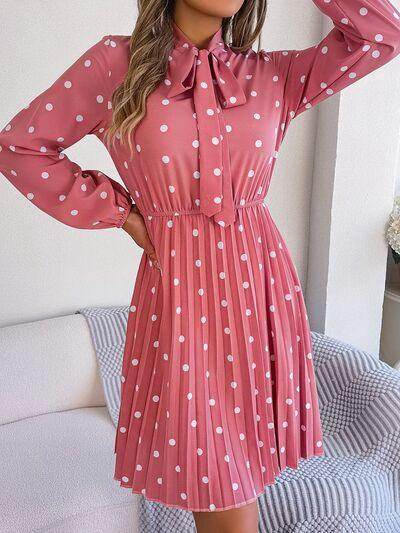 Polka Dot Tie Neck Pleated Dress for Stylish Occasions - Selvanelle