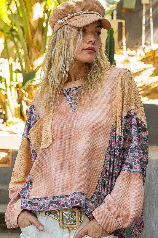 POL Floral Patchwork Round Neck Knit Top for Trendy Style - Selvanelle