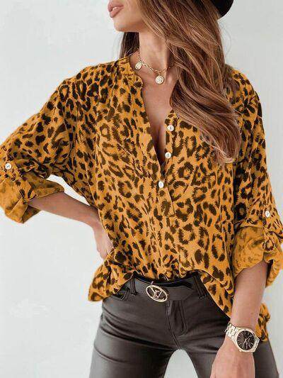 Leopard Button Detail Notched Long Sleeve Blouse for Women - Selvanelle