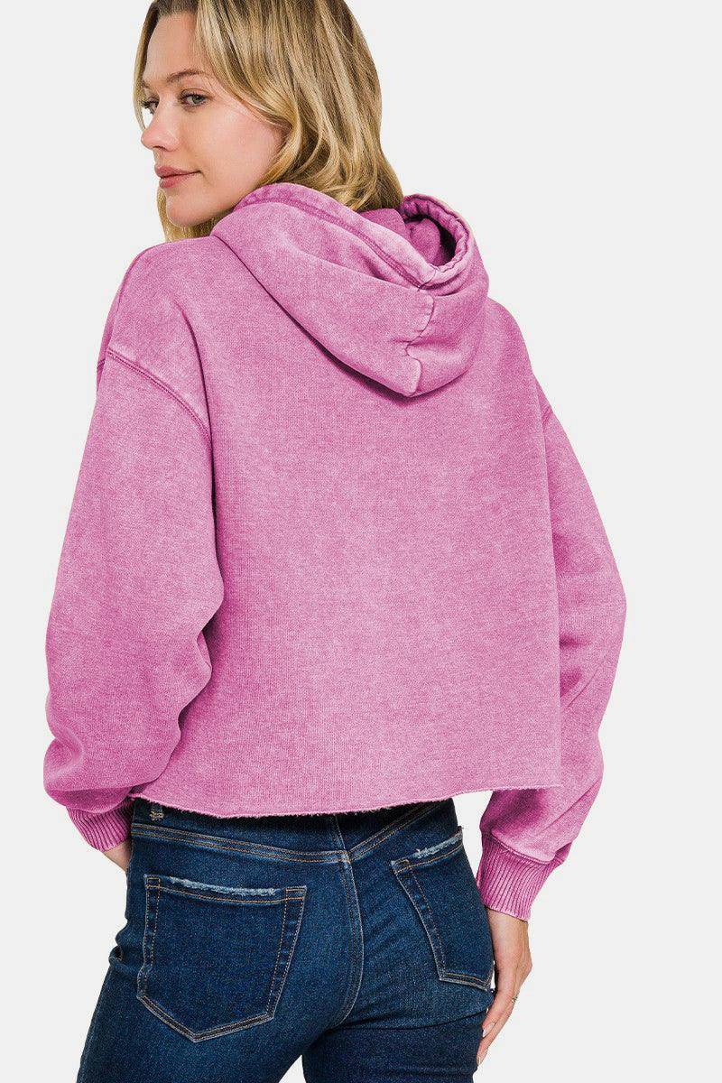 Zenana Acid Wash Fleece Cropped Hoodie for Trendy Style - Selvanelle