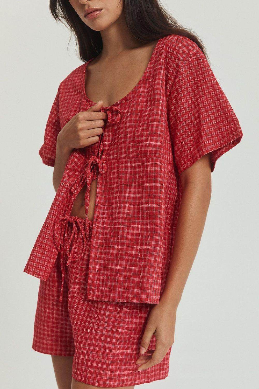 Plaid Tied Scoop Neck Short Sleeve Top and Drawstring Shorts Set - Selvanelle