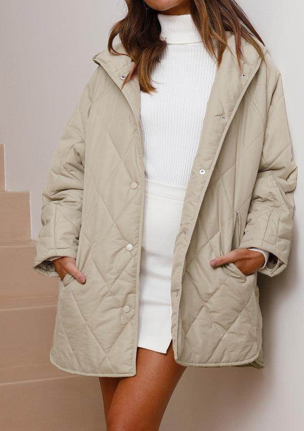 Snap Down Long Sleeve Quilted Winter Coat for Women - Selvanelle